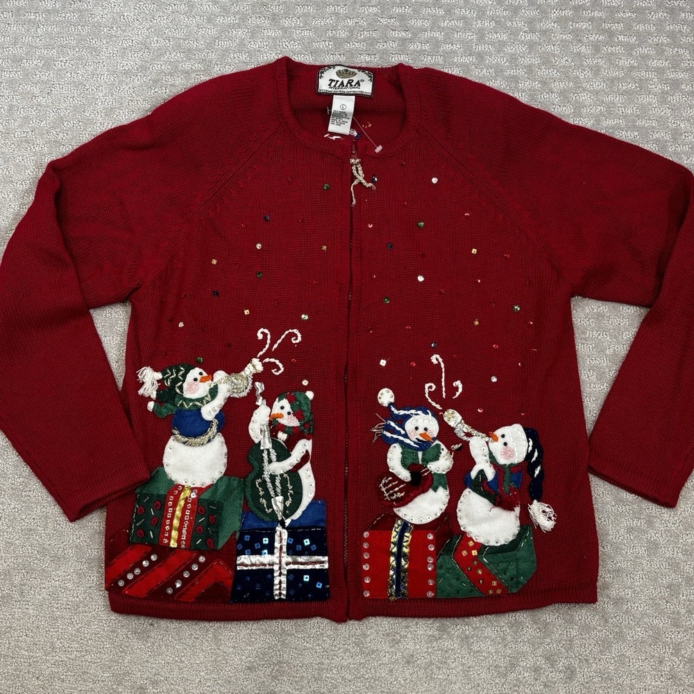 Tiara International Vintage Christmas Sweater Snowman Red Holiday Party Cardigan